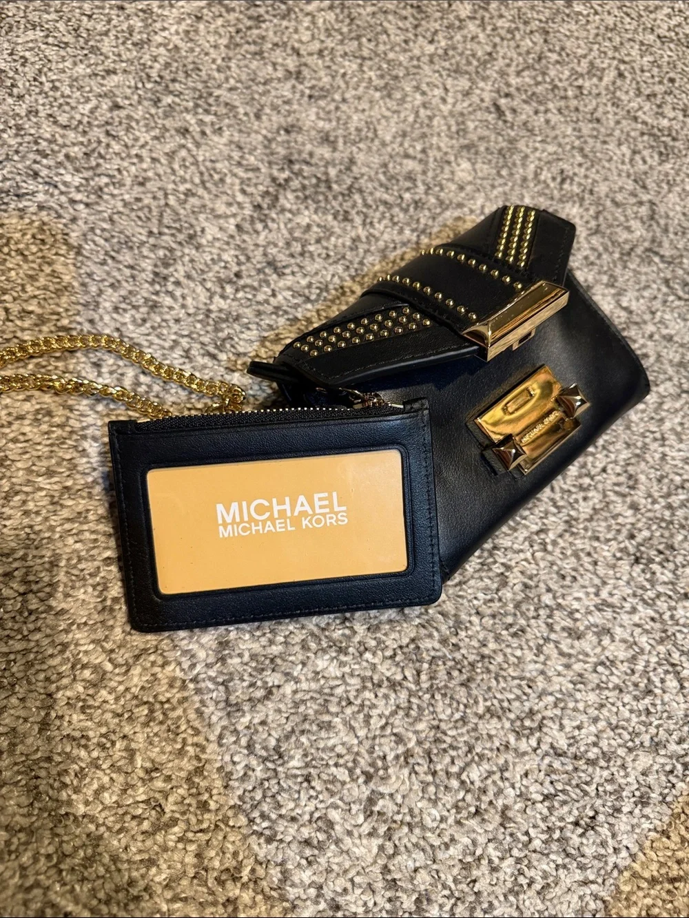 Michael Kors Black Leather Wristlet with Gold Studs and Chain